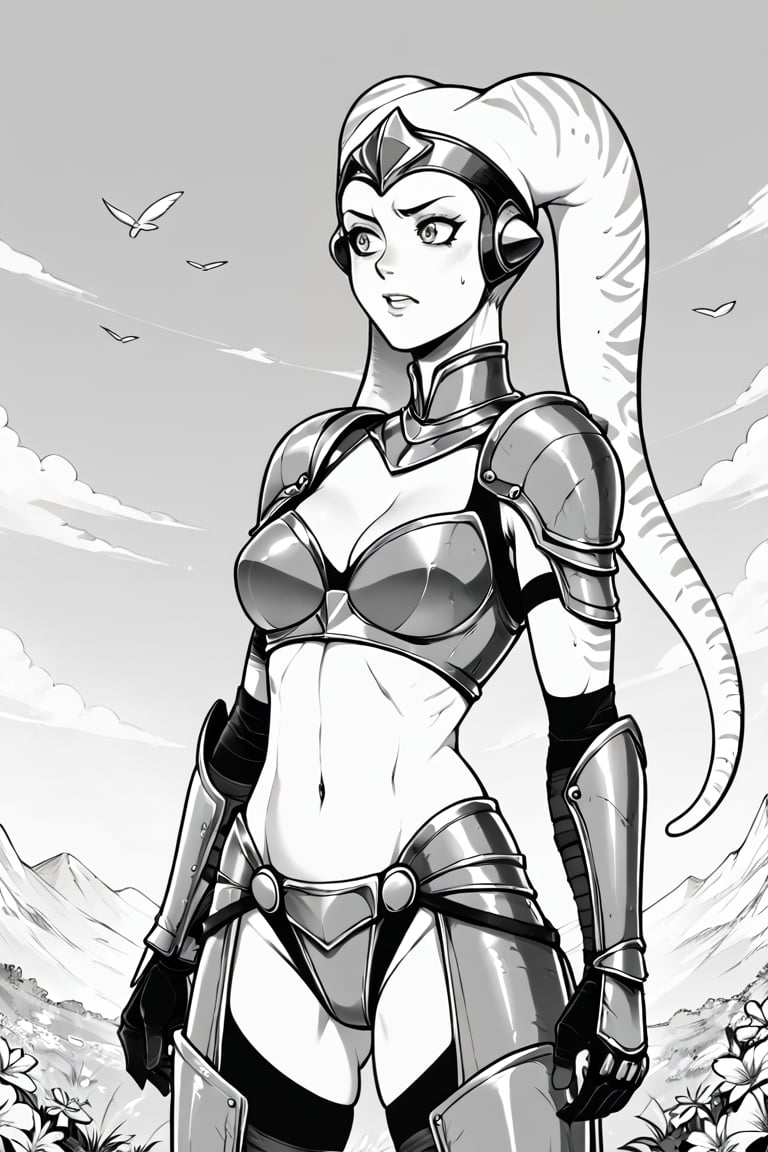 score_9, score_8_up, score_7_up, BREAK, 1girl, twi'lek, knight, heavy armor, flat color, lineart, monochrome, greyscale, 