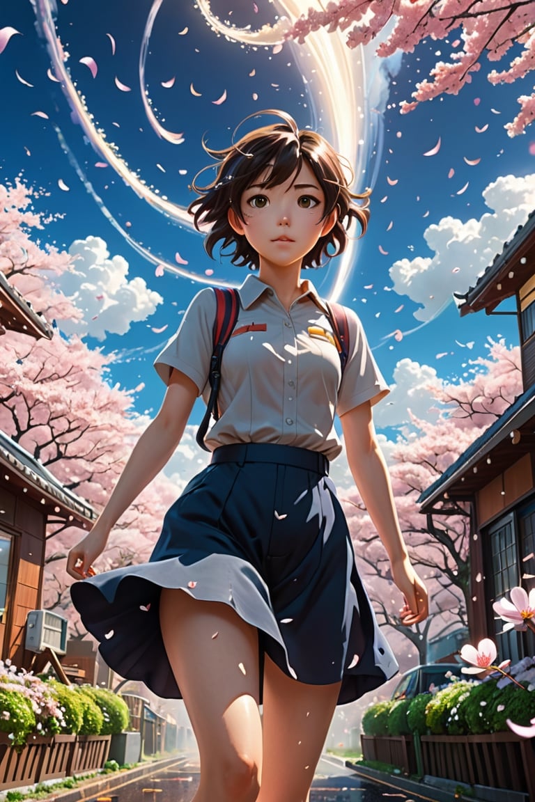 SCI-FI, Fantasy World, tornado of sakura petals swirling around, (styles of Mamoru Hosoda, Makoto Shinkai, Wit Studio, CoMix Wave Films, madhouse studio and studio Chizu), full body, anime, hyperdetailed photography, film photography, analog photography, film grain, extreme detail, 12k, ultra hd, hyperrealism, trending on artstation, polished, beautiful, radiant, synesthesia, vibrant, photorealistic, realistic lighting, hair light, 8k ultra hd, unreal engine 5, full length portrait, god rays , hyperrealistic , cinema, Miki Asai Macro photography, close-up, hyper detailed, trending on artstation, sharp focus, studio photo, intricate details, highly detailed, by greg rutkowski