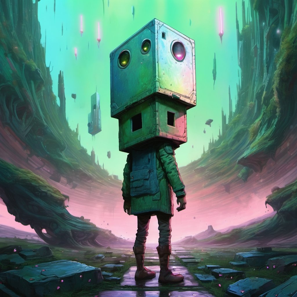 box head people, full body, patches, texture, patterns, moldy green, pink, blue, interior creepy, glowing iridescent, patches, texture, watercolor painting, Jean-Baptiste Monge style, bright, beautiful in spring, splash, big perfect eyes, rim lighting, lights, magic, fantasy, digital art, wlop, artger, outer space, vanishing point, super highway, high speed, digital render, digital painting, beeple, noah bradley, cyril roland, ross tran, trending on artstation
