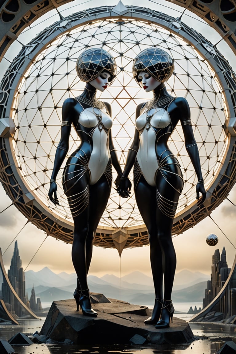 In a gritty, ethereal realm, two 1920s characters enthrall amidst a hyper-real backdrop of dirty-white grunge. The scene pulsates with geodesic glamour, where futuristic spheres intersect ancient mythos. One figure grasps a mysterious artifact, its curves and lines reminiscent of alchemical symbols. Against this surreal canvas, the duo poses in dynamic tension, their ultra-detailed skin textures glistening under Maya-rendered Vray volumetric lighting. A fusion of grunge art and high-fantasy mysticism unfolds, evoking the dreamlike realms of Andy Kehoe's works.