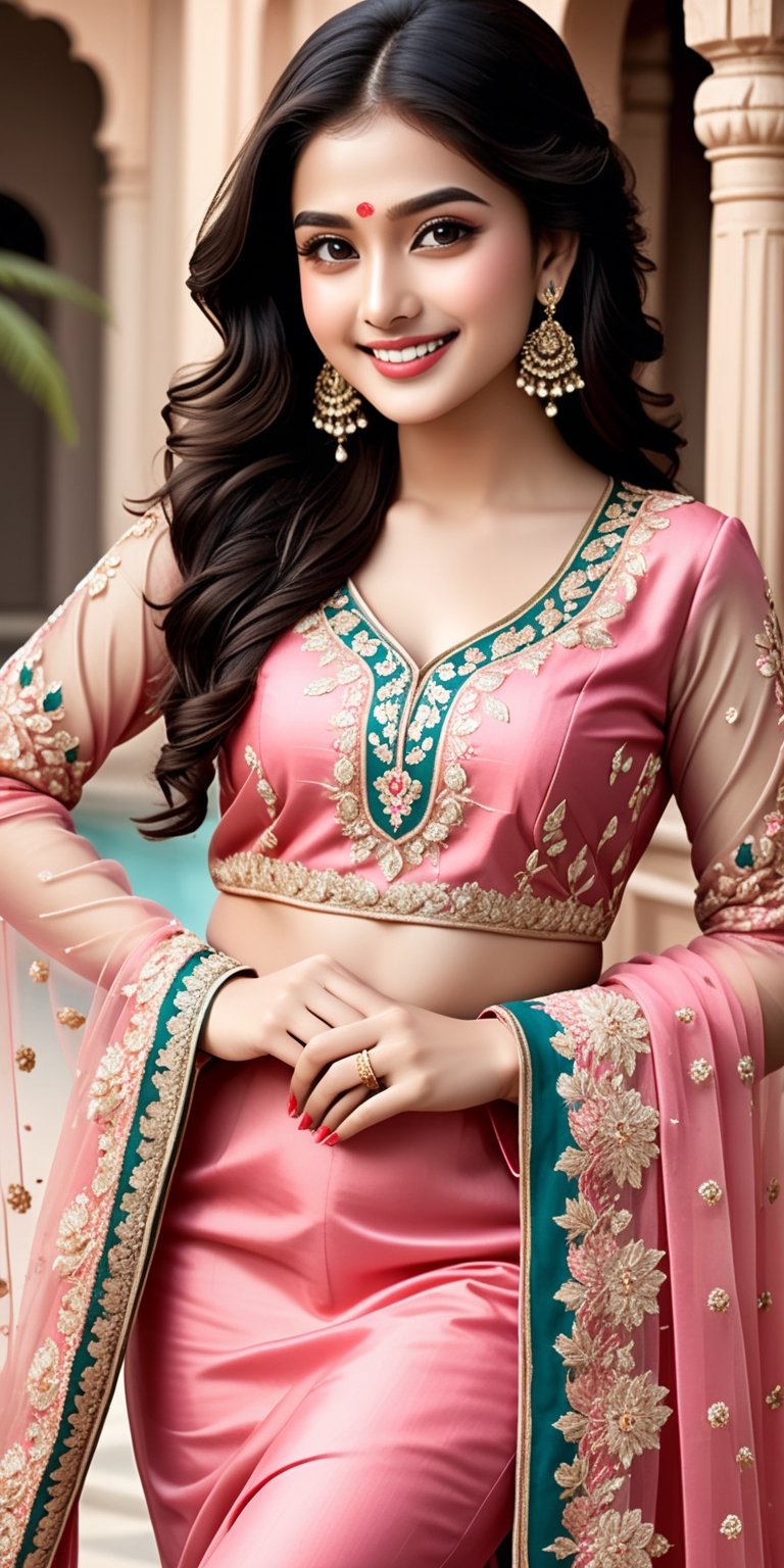 Realistic photo of a beautiful female, wearing PINK dress. full body, 18 years old, face detail, big and clear and bright eyes, big smile, cute face, long dark hair, dark eyes, BIG breast. Formal Party Wear 
Fabric : Net & Shalmoz Silk
*Fully Heavy  Front Embroidered & Handwork along  Embroidered with handwork Daman*
*Heavy Embroidered  & Handwork  Sleeves*
*Handwork Embroidered Daman Front*
*Heavy Embroidered Back & Embroidered along with Daman Bunch*
*Heavy Embroidered Dupatta with 4-Sided Embroidered  with 2-Sided Hanging Tussels
