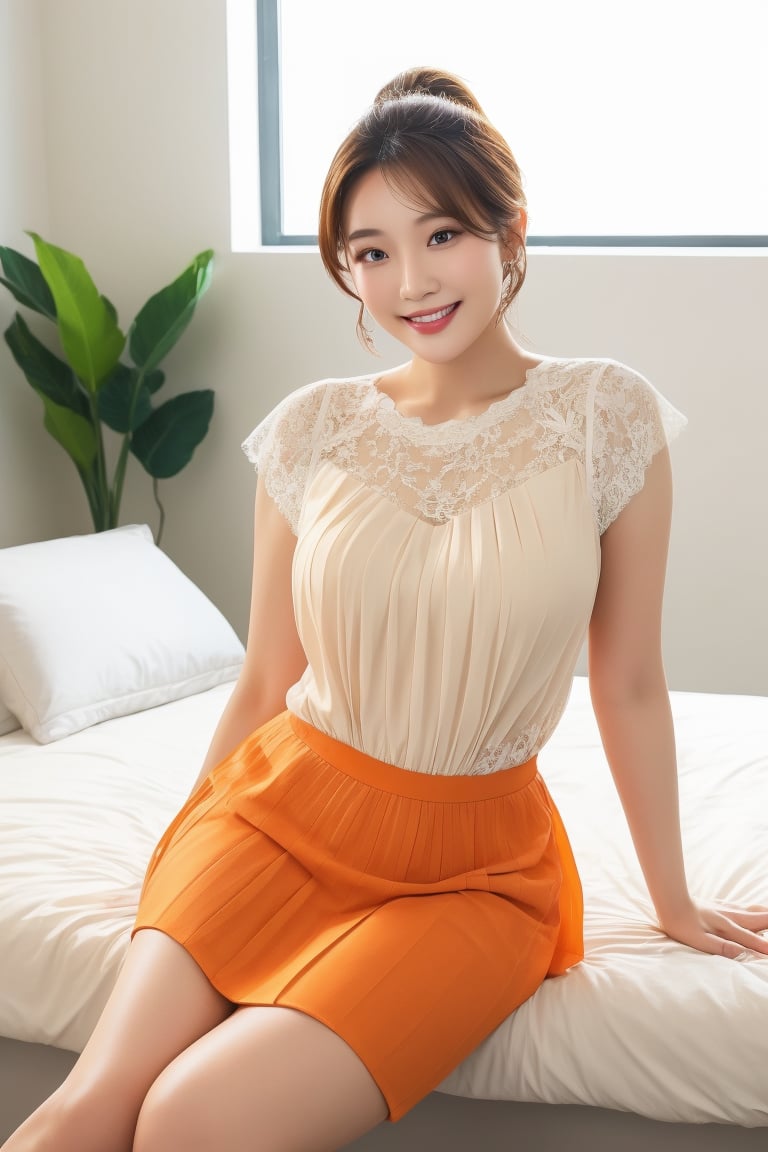 (chaming face)Stunning Korean girl scene:one with light-skinned face, beautiful lips, and eyes, sporting short cut ponytail hair, styled neatly, and a bright, happy smile. Pose in well-lit office room during the day, confidently licline  in bed white background, wearing lace blouse and deep  orange pleated long dress, paired elongating legs and creating sleek, sophisticated look. Full-body working pose highlights curves and elegance.,konoha