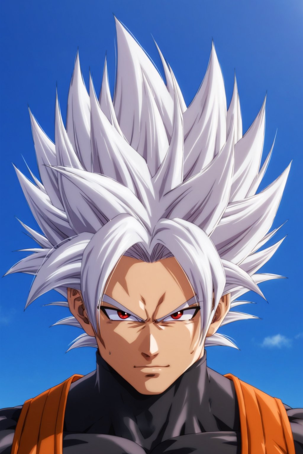 toriyama akira, 1boy, white hair, red eyes, wearing an red martial arts gi with a black t-shirt underneath, red pants, white sash, male focus, closed mouth, muscular, muscular male, solo, spiked hair, super saiyan, super saiyan 2, upper body, vest, widow's peak , ((masterpiece)), (((Tadayoshi Yamamuro style with sharp lines, intense facial expressions and a skillful use of shading and detail))),dark skin,tan