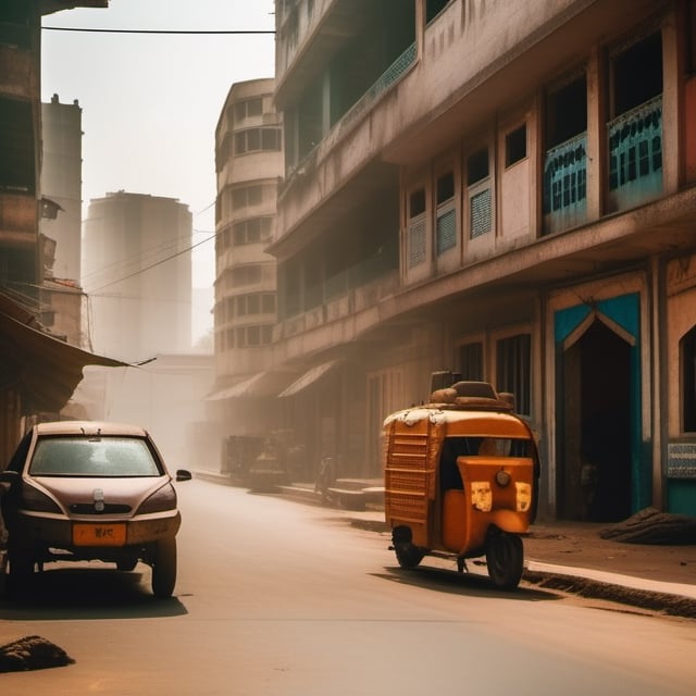 futuristic post apocalyptic dystopian indian city street view in spring,Fine art photography style,Cinematic 