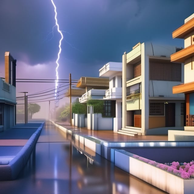 metropolitan post apocalyptic dystopian indian suburban area street view on a stormy spring day with a giant lightning bolt in the sky,Fine art photography style,Cinematic 