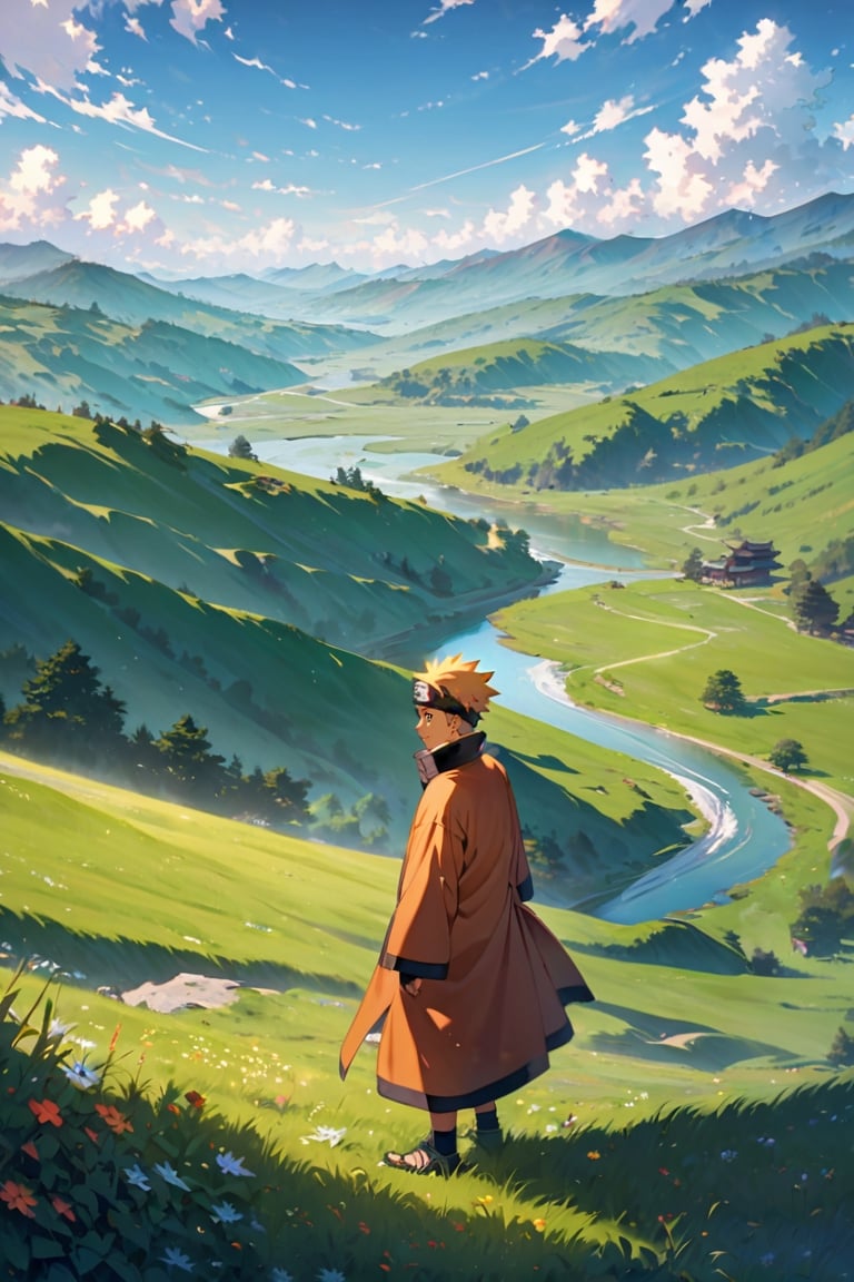 Generate an 8K AI image showcasing a young Naruto Uzumaki standing in a picturesque landscape, with a serene and peaceful atmosphere. The camera is positioned at a long distance, capturing Naruto's smiling face as he gazes out at the beauty around him. Surrounding Naruto is a tranquil scene of rolling hills, vibrant meadows, and clear blue skies dotted with fluffy clouds. The sunlight gently bathes the landscape, casting warm hues across the scene and creating a sense of calm and contentment. Ensure Naruto's expression reflects his youthful exuberance and joy, perfectly complementing the beauty of the peaceful background."






