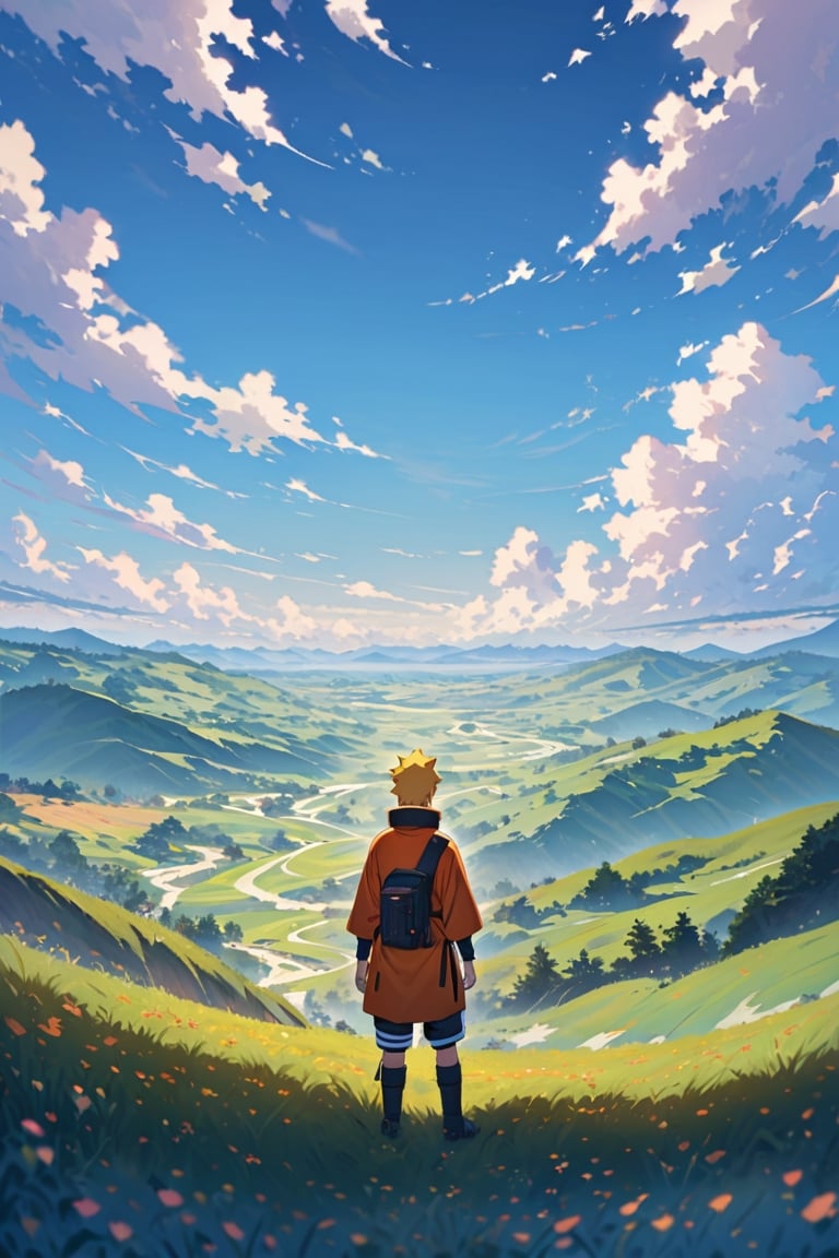 Generate an 8K AI image showcasing a young Naruto Uzumaki standing in a picturesque landscape, with a serene and peaceful atmosphere. The camera is positioned at a long distance, capturing Naruto's smiling face as he gazes out at the beauty around him. Surrounding Naruto is a tranquil scene of rolling hills, vibrant meadows, and clear blue skies dotted with fluffy clouds. The sunlight gently bathes the landscape, casting warm hues across the scene and creating a sense of calm and contentment. Ensure Naruto's expression reflects his youthful exuberance and joy, perfectly complementing the beauty of the peaceful background."






