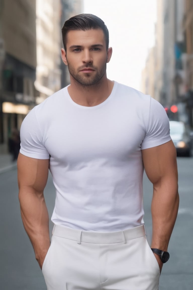 Imagine the following scene:

A full body photo for Instagram of a handsome man.
The man is european, 30yo, muscular, full and pink lips. Dark brown hair, short hair, very straight hair. Grey eyes
The man wears a white dress shiry. Navy blue dress pants. Big ass, big crotch.
The man walks confidently down a busy city street. Male. Alpha male.
Many details. Beautiful image.