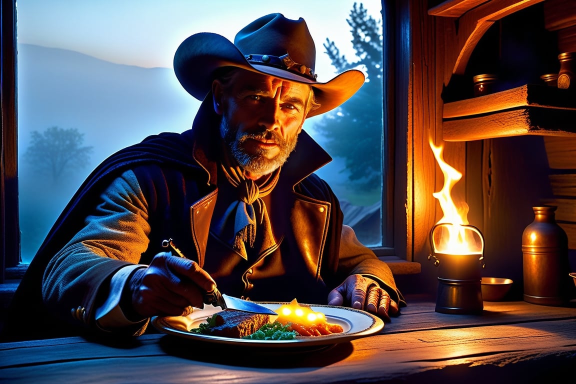 Ultra-high quality, extremely detailed, photography, glooming fantasy post-apocaliptic, the day outside a muted glass of the window, with dim evening backlight and smog in old tavern, cowboy pointing shotgun a the man with glowing neonface of flickering light under deep hood of a dark cloak sitting at the long oldwoodtable with a plate of food, eyes glowed blue star shine,
 realistic detailed skin texture, (full body), giper deteiled, cinematic realism. highly detailed, extremely high quality image, HDR, Complex Details Showing Unique and Enchanting Elements, Very Detailed Digital Painting, Dramatic Lighting, Very Realistic, real photo quality, depth of field, 16K resolution, REALISTIC, Masterpiece, photorealistic, 