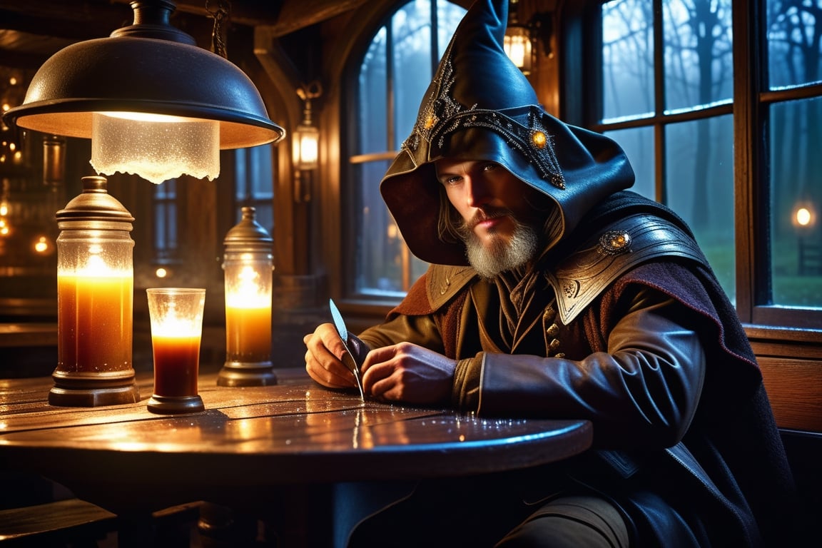 Ultra-high quality, extremely detailed, photography, glooming fantasy post-apocaliptic,  looking into the camera, the rain outside a muted glass of the window, with dim evening backlight and smog in old tavern with old woods tables,
man with glowing neonmirror bean of liquid bubblehat of flickering light under deep hood of a dark cloak sitting at the table with a plate of food, in front of which there is a weapon on the table, eyes shining  blue stars, high boots,
 realistic detailed skin texture, (full body), giper deteiled, cinematic realism. highly detailed, extremely high quality image, HDR, Complex Details Showing Unique and Enchanting Elements, Very Detailed Digital Painting, Dramatic Lighting, Very Realistic, real photo quality, depth of field, 16K resolution, REALISTIC, Masterpiece, photorealistic,DonMW15pXL