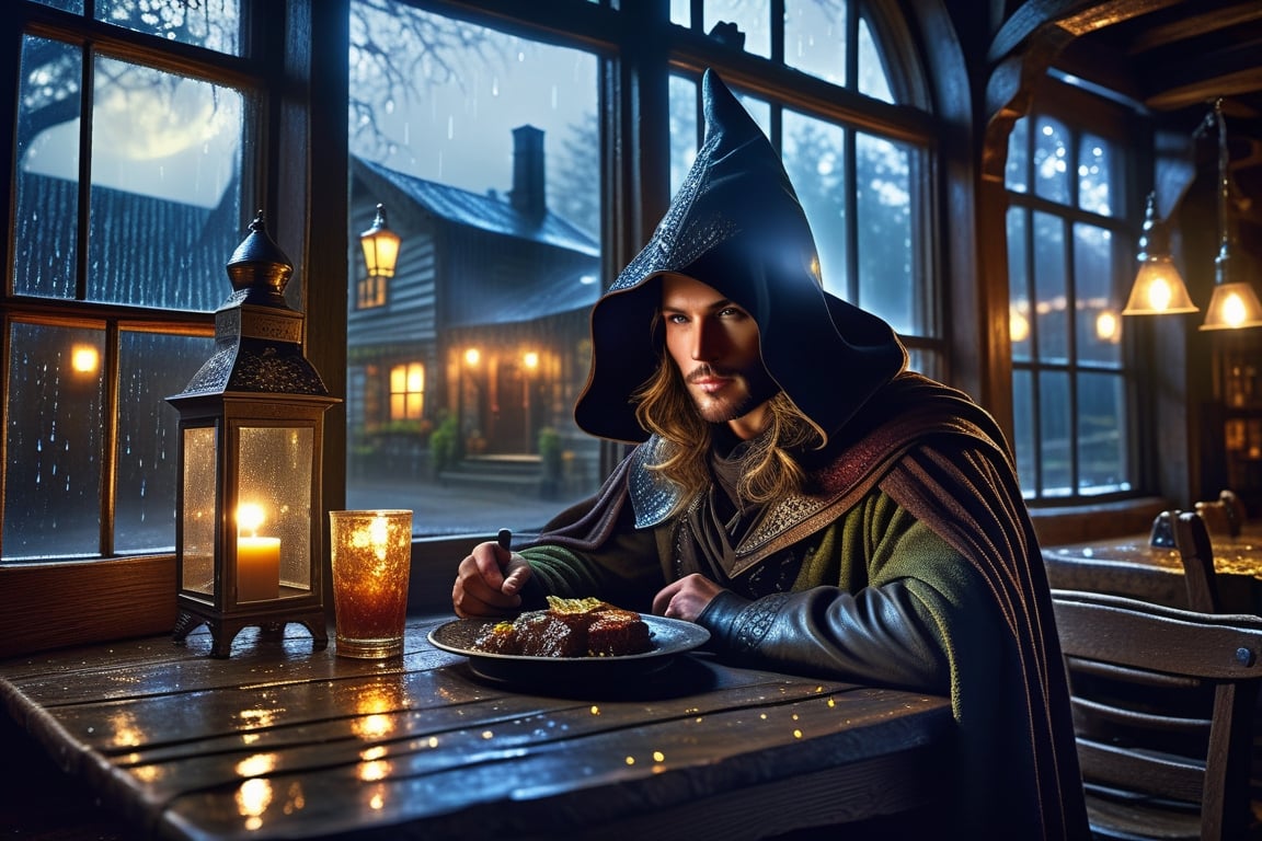Ultra-high quality, extremely detailed, photography, glooming fantasy post-apocaliptic,  looking into the camera, the rain outside a muted glass of the window, with dim evening backlight and smog in old tavern with old woods tables,
human with mirror glowing neonshine liquidhat of flickering light under deep hood of a dark cloak sitting at the table with a plate of food, in front of which there is a weapon on the table, eyes shining  blue stars, high boots,
 realistic detailed skin texture, (full body), giper deteiled, cinematic realism. highly detailed, extremely high quality image, HDR, Complex Details Showing Unique and Enchanting Elements, Very Detailed Digital Painting, Dramatic Lighting, Very Realistic, real photo quality, depth of field, 16K resolution, REALISTIC, Masterpiece, photorealistic,DonMW15pXL
