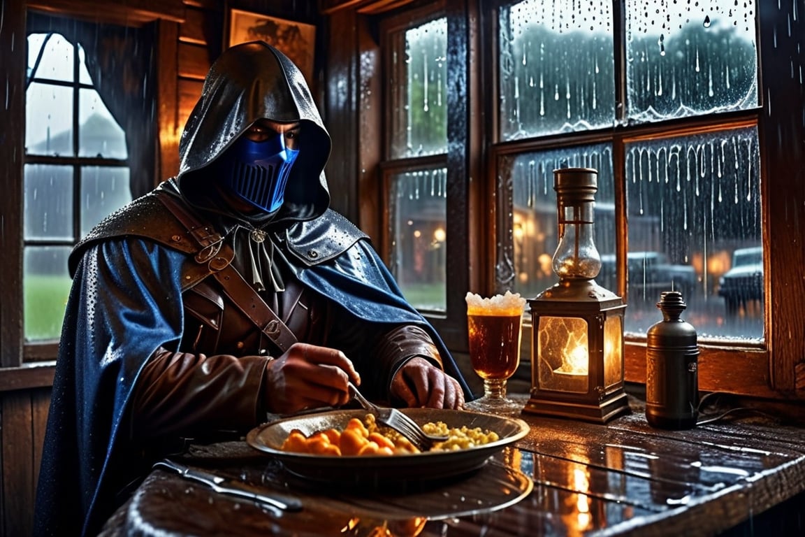 Ultra-high quality, extremely detailed, photography, glooming fantasy post-apocaliptic,
 outside a muted glass of the window, with dim evening backlight and smog in old tavern,
 man in the under Hood of dark cape sitting at the table with a plate of food and revolver and pump shotgun,
  Fullface mask by neon ghostly mirror-like liquid mercury that glowed with blue flashes and twitched with ripples under the deep hood of a dark cloak, high boots,
 realistic detailed skin texture, looking into the camera deep under hood, the through the rain (full body), giper deteiled, cinematic realism. highly detailed, extremely high quality image, HDR, Complex Details Showing Unique and Enchanting Elements, Very Detailed Digital Painting, Dramatic Lighting, Very Realistic, real photo quality, depth of field, 16K resolution, REALISTIC, Masterpiece, photorealistic,