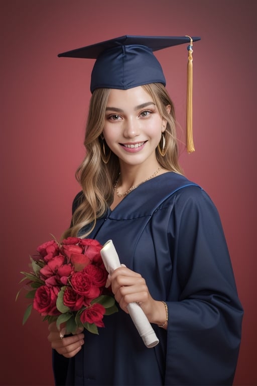 16 year old Colombian girl, black hair (very long hair, curly hair), dressed in graduation gown (closed) and graduation cap (dark blue), dull fabric, smiling, modern pose, accessories (necklace, earrings), , Best quality, 32k, photorealistic, half body, studio shot, ultra detailed, finely detailed, high resolution, perfect dynamic composition, beautiful detailed eyes, sharp focus, , cowboy_shot,PHOTOREAL