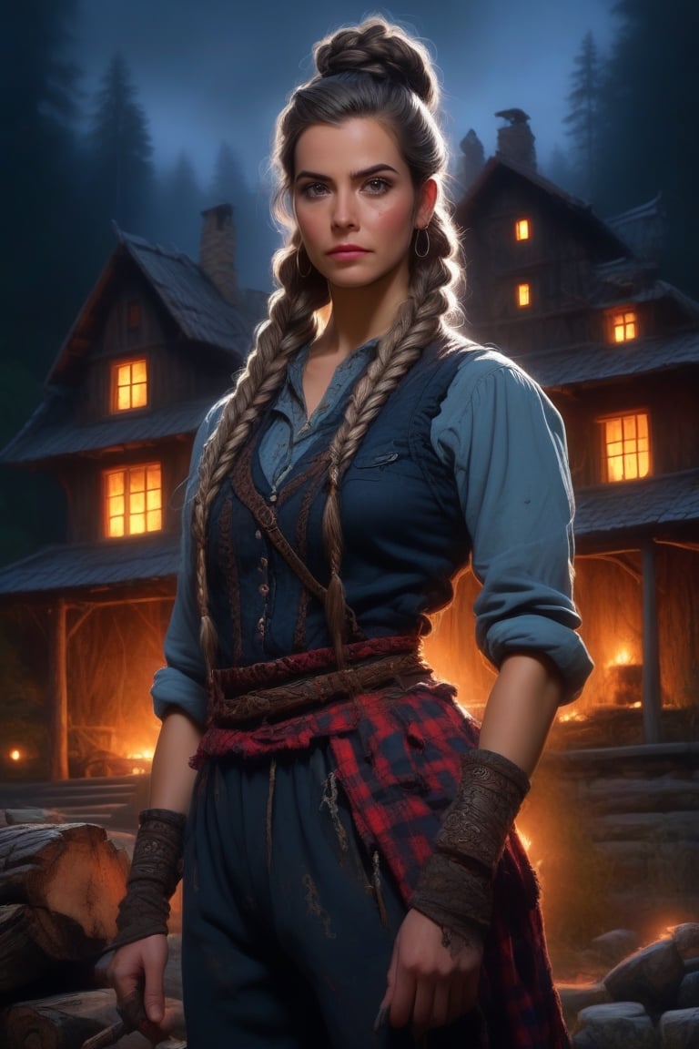 portrait of a Lumberjack woman with huge beautiful braid, wearing tight-fitting outfit, intricate action pose, Oil paint, ancient, illuminated by the light of twilight, with a backdrop of a big oldest house and ancient forest., Mysterious, brilliant art by Allan Jabbar, Yann Dalon, Toni Infante, Amr Elshamy,