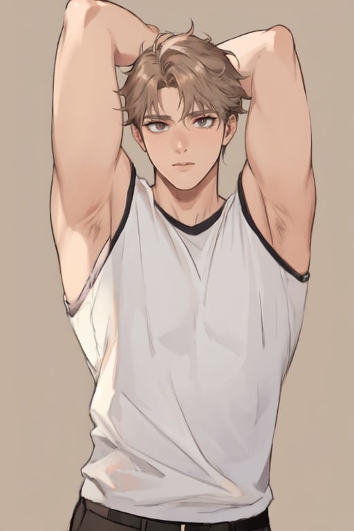 masterpiece, best quality, boy, solo, male, shirt, armpits, robust