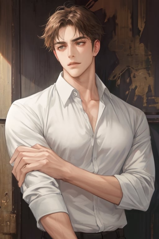 masterpiece, best quality, boy, solo, male, shirt, arm_support, robust