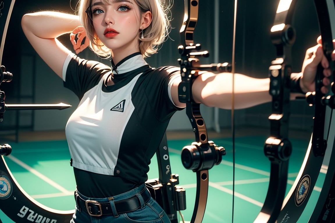 1girl, short hair, shirt, hat, holding, weapon, short sleeves, one eye closed, glasses, pants, holding weapon, blue shirt, aiming the bulls eye, raising arm and holding Compound bow, reference inset, Recurve bow, mouting bracket, arrow rest, limb, nocking point, cable, string, cable guard, sight, finger tab, chest protector, arm guard, quiver, accessory pouch, stabilizer, bow stand,

The image depicts a moment from an archery competition, featuring a female athlete in the foreground. She is dressed in a blue athletic top with the word "ESTONIA" printed across the front, indicating her national representation. The athlete is wearing a black cap and glasses, and she is holding a purple bow with both hands, focused on the target. The background shows another competitor in the distance, also aiming at the target. The scene is set against a blue backdrop with the number "24" visible, possibly indicating the athlete's position or lane. The overall impression is one of concentration and precision in a sporting event.
 (RAW Photo, Best Quality), (Real, Photo Real: 1.1), Best Quality, Masterpiece, Beauty and Aesthetics, 16K, (HDR: 1.2), High Contrast, (Vivid Colors: 1.3) , (soft colors, dull colors, soothing tones: 0), cinematic lighting, ambient light, side lighting, fine details and textures, cinematic lenses, warm colors, (bright and intense: 1.1), wide angle lenses, surreal illustrations, Siena's natural proportions, silver hair, dynamic posture, precise anatomy of body and hands, four fingers and a thumb,idol,Korean