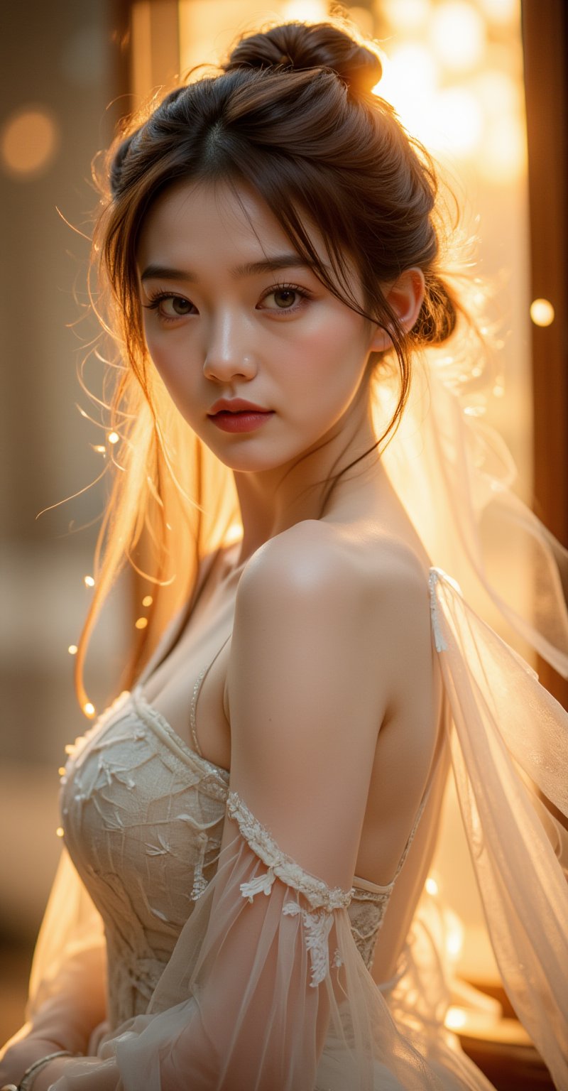 In a soft, golden light, ELINALISE DRAGONROAD poses elegantly in her stunning Chinese TV series costume, inspired by the stills from The Pillow Book. Her long, thick eyelashes frame her bright light blue eyes, shining like diamonds. She looks like an 18-year-old beauty, with an Xinqiang Uighur elegance. In a full-body shot, she effortlessly dances in her flowing attire, her movements as graceful as a gentle breeze. The soft folds of her costume shimmer in the warm glow, as if kissed by the sun. Her expression exudes confidence and poise, reminiscent of Alphonse Mucha's Art Nouveau masterpieces. With a subtle smile, she seems to convey a sense of playfulness, much like Boris Vallejo's iconic illustrations. The overall aesthetic is that of a masterpiece, with every detail carefully crafted to evoke an atmosphere of beauty and wonder.