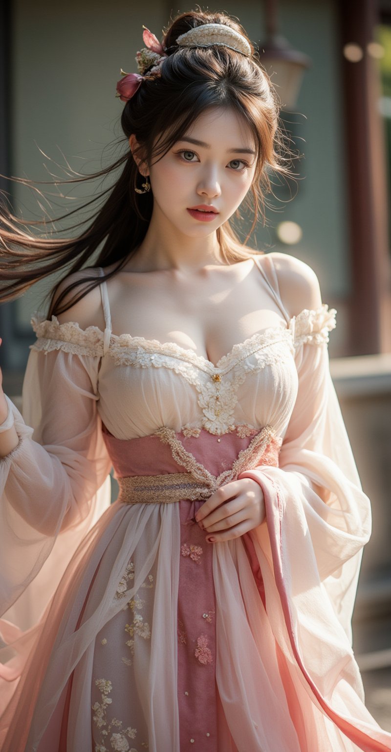 A photorealistic masterpiece in ultra-high resolution (1.5), a raw photo of ELINALISE DRAGONROAD's young girl with light blue eyes and long thick eyelashes, looking 18 years old, posing in a full-body shot wearing Chinese TV series: Three Lives Three Worlds costume from The Pillow Book stills. She effortlessly dances in her flowing attire, radiating elegance and poise. Her movements are graceful, like those of Alphonse Mucha's Art Nouveau beauties, with the whimsical flair of Boris Valejo's illustrations. Anne Boonchuy's expressive style infuses the scene with vibrant energy, as if WOWAI had breathed life into the composition. Apoloniasxmasbox's meticulous attention to detail brings this artwork to a score_9 level, a true masterpiece that showcases the beauty and femininity of the Xinqiang Uighur aesthetic.