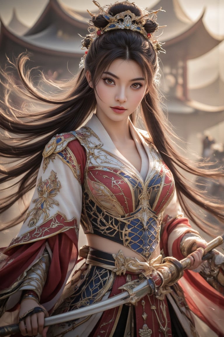 Paint a highly detailed, dramatic image of Diao Chan, the legendary beauty from ancient China's "The Romance of the Three Kingdoms." In the picture, Diao Chan shows not only her elegance and beauty, but also her heroic posture in battle. She is as beautiful as a fairy, with delicate facial features and flawless skin like porcelain. Her long black hair flutters gently in the wind, and her bun is decorated with exquisite hairpins. Diao Chan wears a gorgeous and traditional Chinese battle armor, which is inlaid with exquisite patterns of gold and crimson, which not only highlights her feminine charm, but also reflects her strength and agility on the battlefield. Her eyes are sharp and determined, revealing her inner strength and determination. Diao Chan held a slender sword in her hand. The hilt was inlaid with jade and precious gems. The blade was slightly curved and exquisitely designed, suitable for quick and precise attacks. The background depicts a battlefield. Diao Chan stands in the center of the battlefield, with dust and gravel flying around her. Her posture is confident and majestic, exuding a dynamic and awe-inspiring aura. The overall image perfectly captures Diao Chan's legendary beauty and her prowess on the battlefield, making her a both charming and unignorable heroine in Chinese history. (RAW Photo, Best Quality), (Real, Photo Real: 1.1), Best Quality, Masterpiece, Beauty and Aesthetics, 16K, (HDR: 1.2), High Contrast, (Vivid Colors: 1.3) , (soft colors, dull colors, soothing tones: 1.2), cinematic lighting, ambient light, side lighting, fine details and textures, cinematic lenses, warm colors, (bright and intense: 1.1), wide angle lenses, surreal illustrations, Siena's natural proportions, dynamic posture, precise anatomy of body and hands, four fingers and a thumb, ,(masterpiece:1.3), (8k, photorealistic, RAW photo, best quality: 1.4), (1girl), beautiful face, (realistic face), beautiful hairstyle, realistic eyes, beautiful detailed eyes, (realistic skin), beautiful skin, clean skin, ultra high res, ultra realistic, hightly detailed, golden ratio, K_GIRL,wonder beauty,Wukong