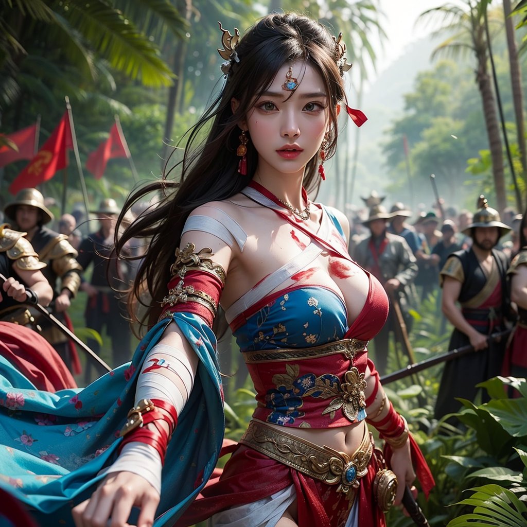 A beautiful female general, (Diao Chan), from the Romance of the Three Kingdoms, realistic human appearance, wearing a colorful deep-v silk cloth,injured and fighting with bandage, leading troops battle in a tropical jungle, 8K ultra-high quality, realistic image, cowboy shot), ,1 girl 