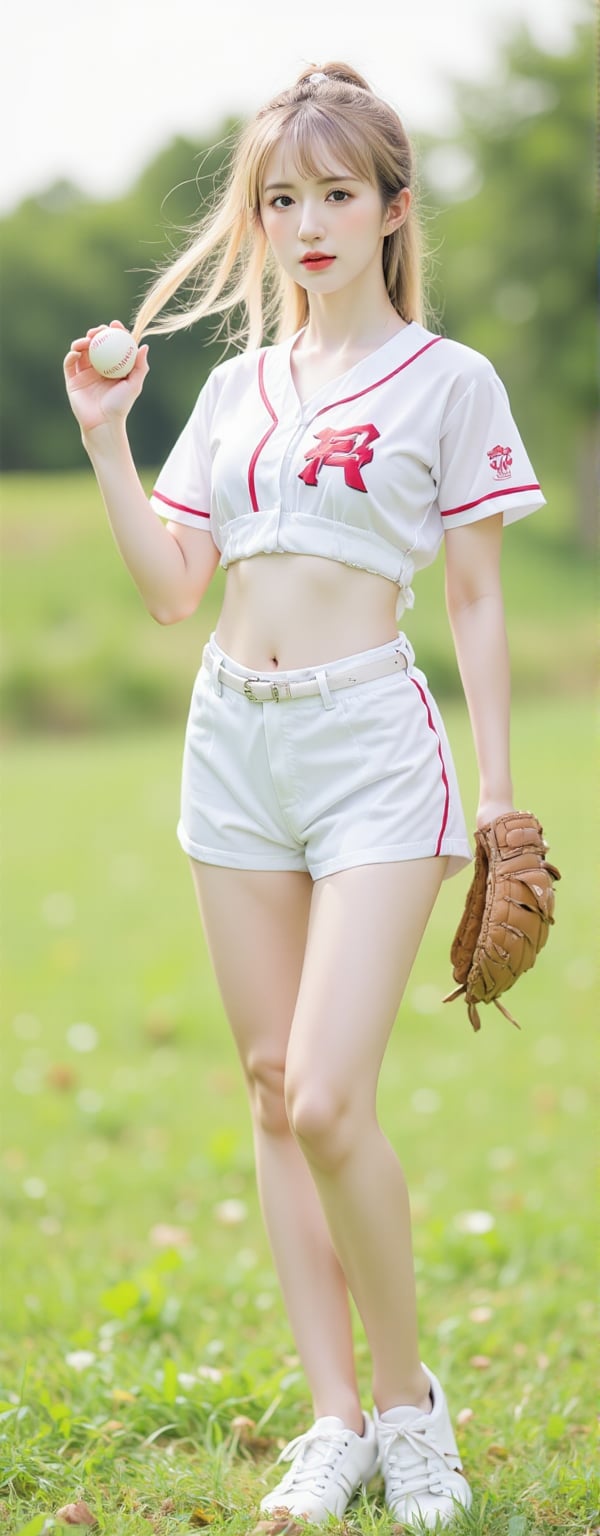 Best quality, masterpiece, ultra high res, (photorealistic:1.5), raw photo, (Masterpiece, Top Quality, Best Quality, Official Art, Beauty and Aesthetics: 1.2), A blonde-haired girl standing outdoors in full body view, wearing a baseball uniform consisting of a crop top and short white shorts, with her navel and midriff exposed. She is holding a baseball mitt in one hand, with a ball in the other, looking directly at the viewer. The background is a grassy field with a slightly blurry effect, enhancing focus on the girl. She is wearing white sneakers and a belt around her shorts. The scene mimics a fake sports screenshot, with a sunny outdoor setting.,Eroflo,meidusha,1girl, KOLNB,forehead mark, high contrast, (grayscale:-1.5)