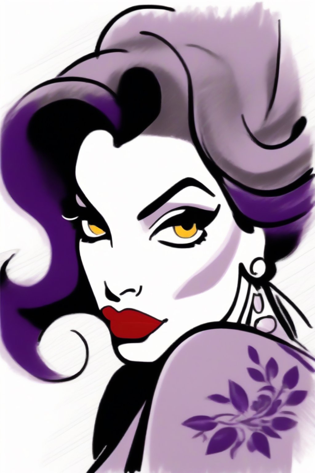 a sketch of a beautiful woman in a dress colored mauve, bending back a bit her hair swirled with sketched leaves and flowers all in black and white. The only color is her purple dress and pouty red lips. She has high cheekbones and her eyes are hooded, background painted yellow, brush strokes visible.,pppstyle