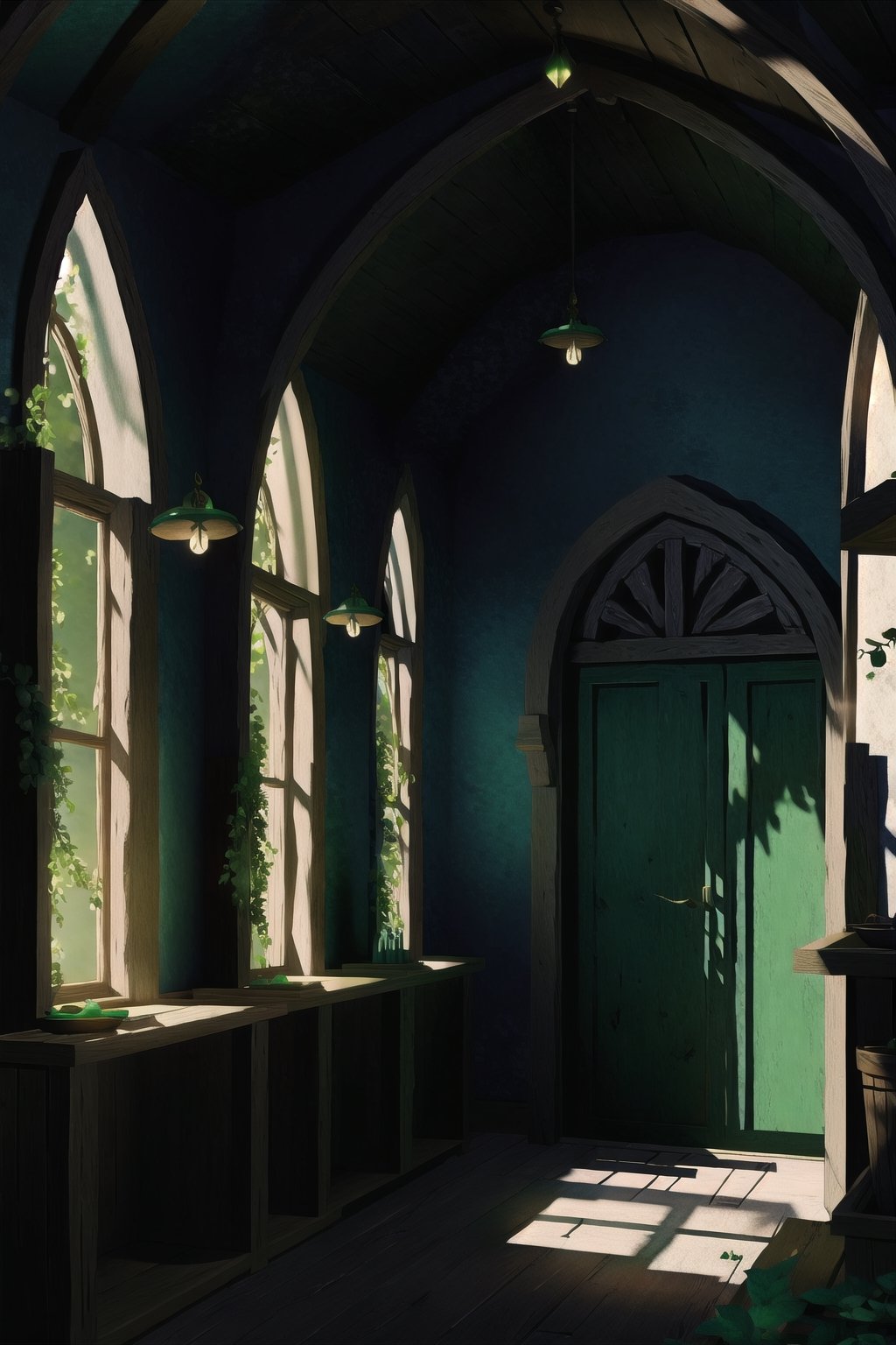 Soft light, HD, photorealism, empty elf village potions store
