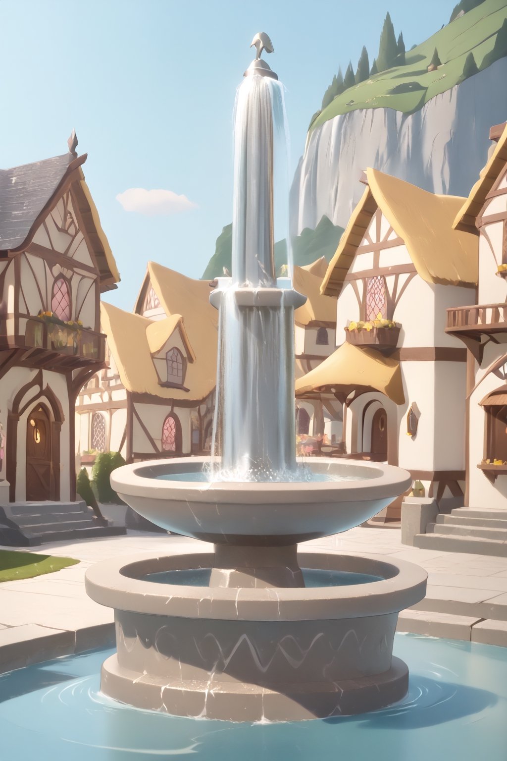 Soft light, HD, photorealism, elf village fountain 