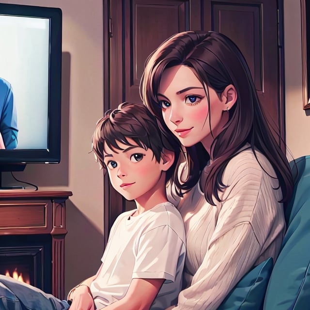 masterpiece, best quility, high_quality, high_resolution, masterpiece*portrait, a mother and a son, watching television, very happy faces 