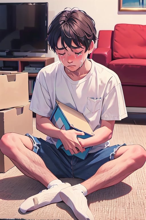 masterpiece, best quility, high_quality, high_resolution, masterpiece*portait, 1_boy, solo, crying, sitting on a box, middle of the floor, packed boxes living room, blushing, very sad