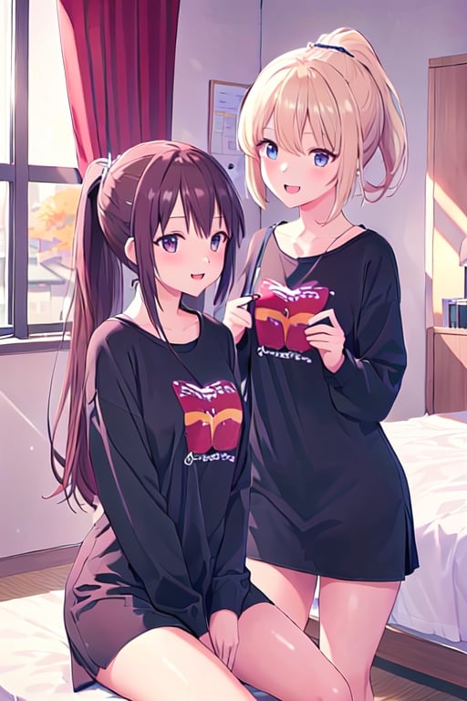 Absurd resolution, high resolution, (masterpiece: 1.4), super detailed, (((detailed face, detailed expression)), two girls, girl and girl, friends, best friends, classmates, relax, ponytail, bob, sitting on bed, sitting on the floor, two are talking, background is in the room, friends, best friend, home, 1K, small room, curtains, bed, TV, desk, sweets, Talk about travel with friends, gathering, fun, smile, room wear, Kyoto animation, Kyoto animation atmosphere, glitter, brilliance,