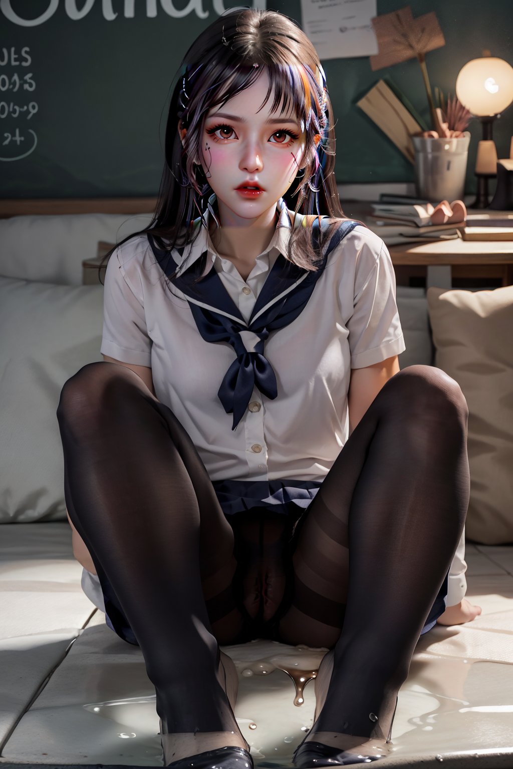 1girl, spread_legs,soles,eye contact, beautiful detailed eyes, (black pantyhose:1.2), school uniform, wet body, sweating, cum on clothing