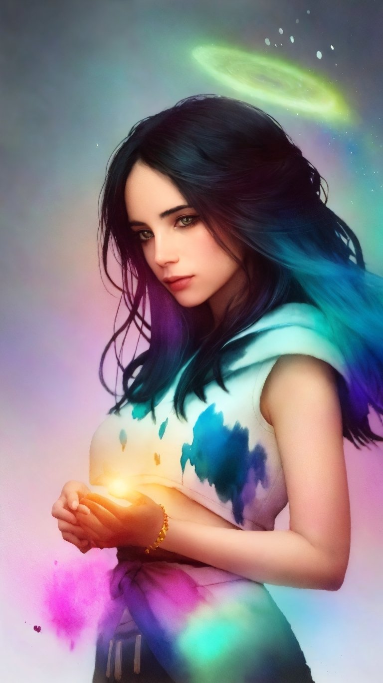 A woman with her hands holding a glowing light in her hands, ethereal, on a white background, with watercolor splatter, an interplay of pastel hues and rainbow colors, with a double exposure effect, golden rays emanating from the center, a soft glow, a mysterious aura, ethereally beautiful, with soft edges, delicate details, a celestial energy radiance, whimsical, a surreal atmosphere, dreamy, with watercolor splashes in the style of Yoji Shinkawa and colorful pastel tones in the style of Greg Rutkowski, with detailed light effects, dreamy and ethereal, with delicate brushstrokes, high quality, high resolution, high detail