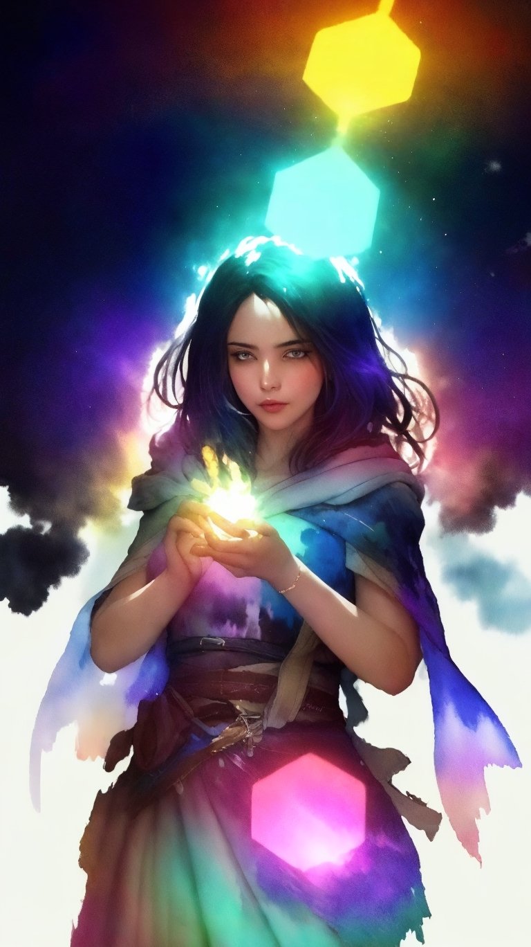 A woman with her hands holding a glowing light in her hands, ethereal, on a white background, with watercolor splatter, an interplay of pastel hues and rainbow colors, with a double exposure effect, golden rays emanating from the center, a soft glow, a mysterious aura, ethereally beautiful, with soft edges, delicate details, a celestial energy radiance, whimsical, a surreal atmosphere, dreamy, with watercolor splashes in the style of Yoji Shinkawa and colorful pastel tones in the style of Greg Rutkowski, with detailed light effects, dreamy and ethereal, with delicate brushstrokes, high quality, high resolution, high detail