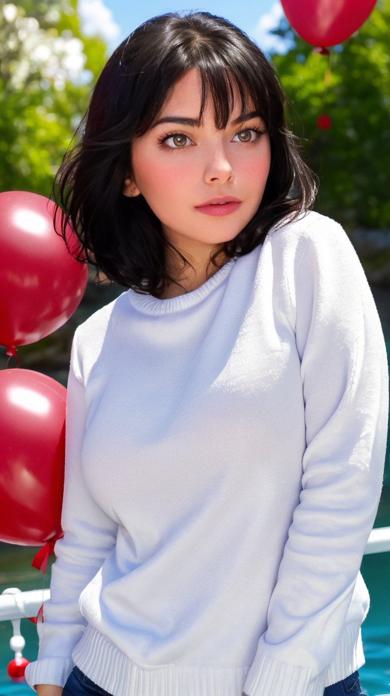 1girl, solo, looking at viewer, short hair, blue eyes, brown hair, black hair, collarbones, parted lips, water, lips, white sweater, sunlight, bubbles, underwater, ((small bubbles)), red balloons