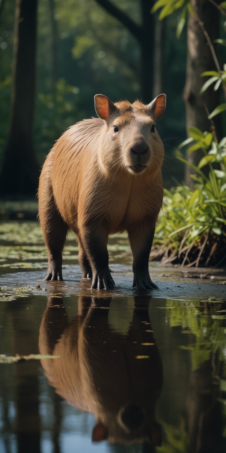 (Documentary photograph:1.3) of a capibara, standing in the shallow waters of a swamp, outdoors, ultra realistic, games of shadows, vintage aesthetics, (photorealistic:1.3), front view, well-lit, (shot on Hasselblad 500CM:1.4), (closeup shot1.3), Fujicolor Pro film, in the style of Helmut Newton, (photorealistic:1.3), highest quality, detailed and intricate, original shot,