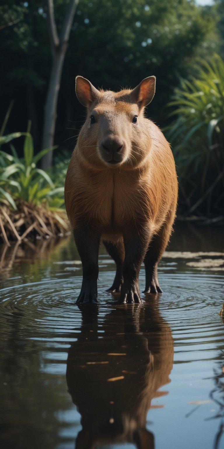 (Documentary photograph:1.3) of a capibara, standing in the shallow waters of a swamp, outdoors, ultra realistic, games of shadows, vintage aesthetics, (photorealistic:1.3), front view, well-lit, (shot on Hasselblad 500CM:1.4), (closeup shot1.3), Fujicolor Pro film, in the style of Helmut Newton, (photorealistic:1.3), highest quality, detailed and intricate, original shot,