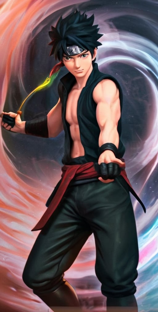 "Generate an image of Sasuke Uchiha from the popular anime series 'Naruto' using his signature jutsu, the 'Rasengan.' Naruto stands with determination, his blond hair flowing, and his bright blue eyes focused. He holds his palm out, surrounded by swirling chakra that forms the Chidori Ball Energy Lightning, a spiraling sphere of energy. The scene is set against a backdrop of a lush forest, with leaves rustling in the wind as Naruto's power radiates through the air. Capture the essence of Naruto's spirit and determination as he unleashes his formidable ninja abilities."s4suk3,