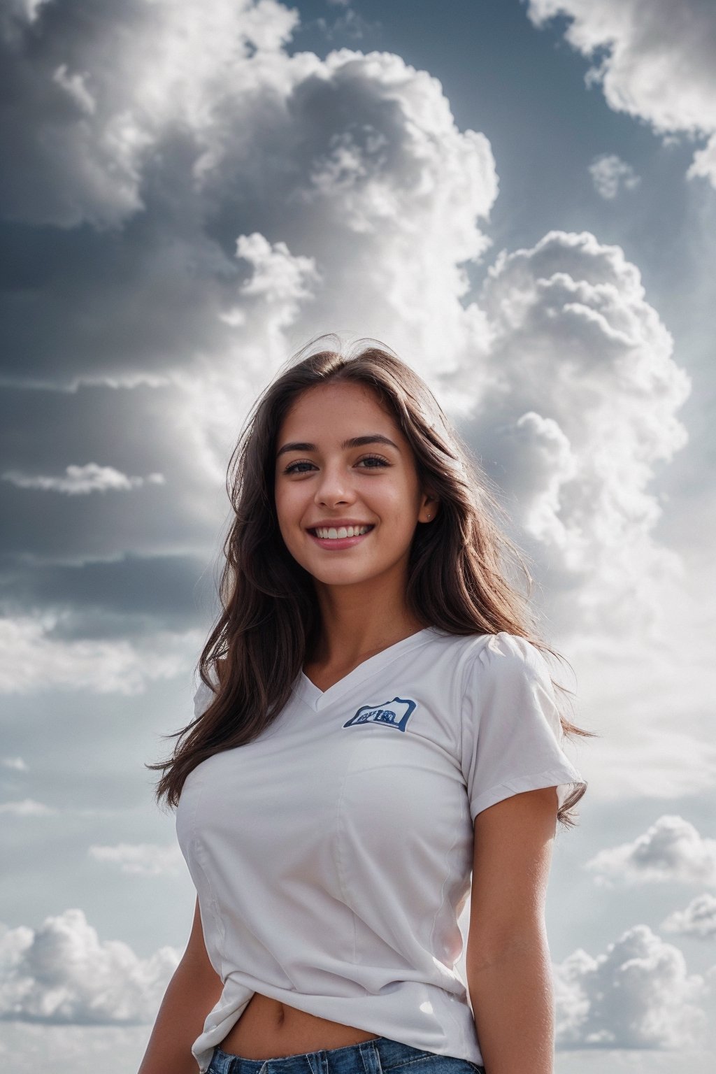 (1girl:1.2), (big smile), beautiful face, Amazing face and eyes, long silky brown hair, wearing white t shirt, delicate, (Best Quality:1.4), (Ultra-detailed), (extremely detailed beautiful face), cute smile, brown eyes, (highly detailed Beautiful face), (summer high school uniform:1.2), (extremely detailed CG unified 8k wallpaper), Highly detailed, High-definition raw color photos, Professional Photography, Realistic portrait, Extremely high resolution, smiling, (Clouds all over the sky, cloudy sky, lots of clouds:1.5), (cloudy day:1.5), half figure