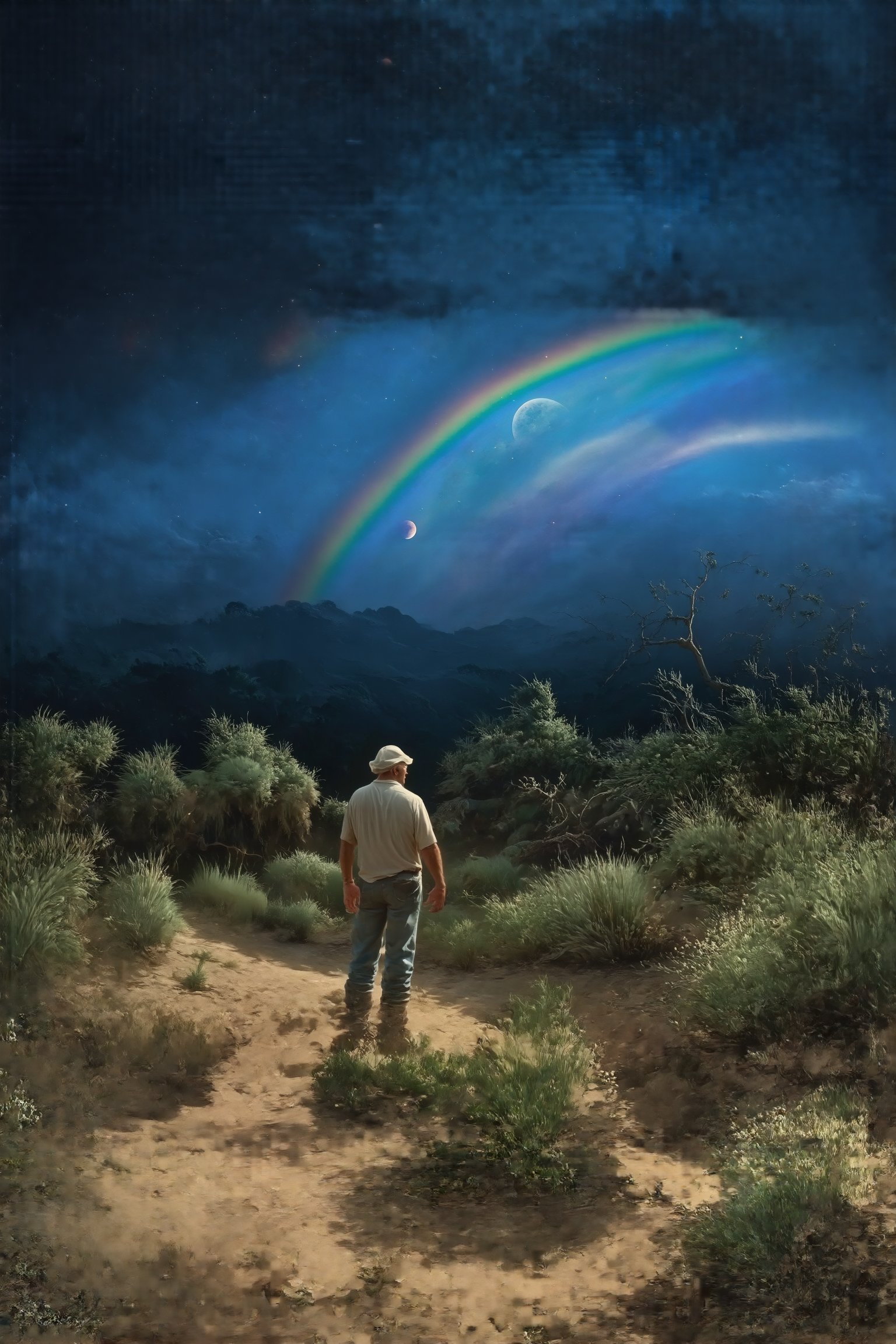 Oil painting by Larry Elmore of a rainbow in the dark. It's going over a walled garden in the middle of the desert at night. There's a red moon in the background, which colors the sky in a dark red.,more detail XL