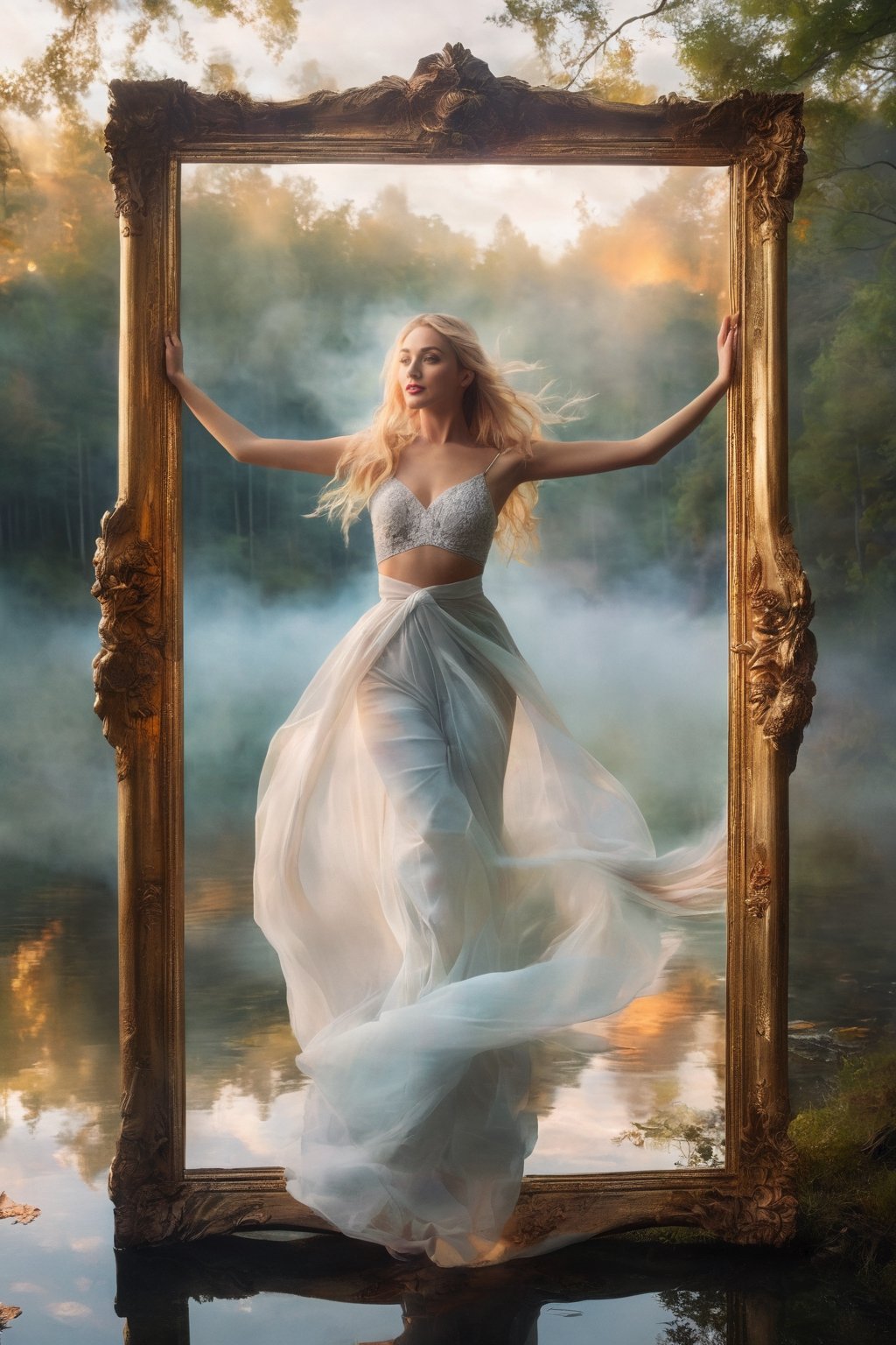 (masterpiece, top quality, super definition, 8K), crisp image, fantasy, wonderful, large rectangular mirror in center of flaming background, frame decorated with gold, beautiful girl in white emerging from mirror, perfect proportions, smiling woman, long beautifully tied blonde hair, she is jumping out of mirror, inside mirror reflects foggy forest and lake, soft focus, 3 point lighting, white foggy background, center crop, ,hubgwomen