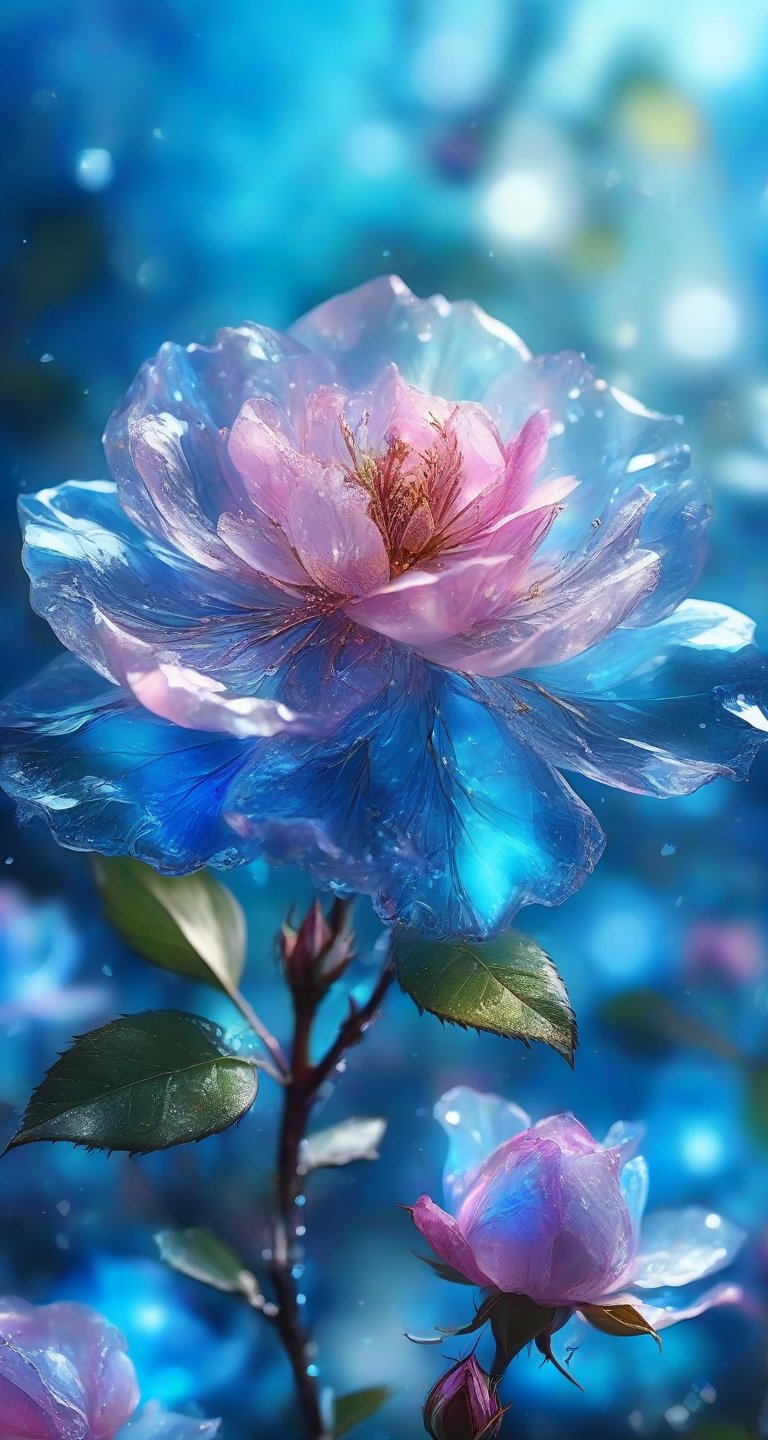 crystal spring blossom, fantasy, galaxy, transparent, shimmering, sparkling, splendid, colorful, magical photography, dramatic lighting, photo realism, ultra-detailed, 4k, Depth of field, High-resolution,
blue Rose