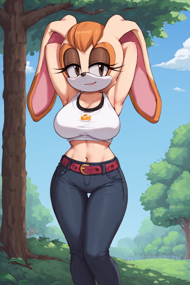 score_9, score_8_up, score_7_up, score_6_up, score_5_up, score_4_up, (Source sonic), (rating safe), vanilla the rabbit, 1girl, solo, outside, wearing black jeans,large breasts, black eyes, looking at viewer, standing, outside, trees, fall weather,  , wide hips, rabbit girl, short hair, body fur, dynamic pose, anime style,flashing belly,stomach_punch,cammystretch, stretching,leaning forward,arms up, RakkunVTSDXL,Big_Boobs,Huge_Boobs_Anime, short skirt,belt