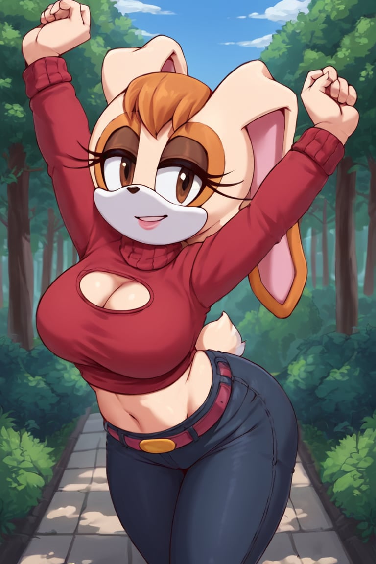 score_9, score_8_up, score_7_up, score_6_up, score_5_up, score_4_up, (Source sonic), (rating safe), vanilla the rabbit, 1girl, solo, outside, wearing black jeans, red sweater, shirt cutout, large breasts, brown eyes, looking at viewer, standing, outside, trees, fall weather,  , wide hips, rabbit girl, short hair, body fur, dynamic pose, anime style,flashing belly,stomach_punch,cammystretch, stretching,leaning forward,arms up, RakkunVTSDXL,Big_Boobs,Huge_Boobs_Anime,skirt,belt