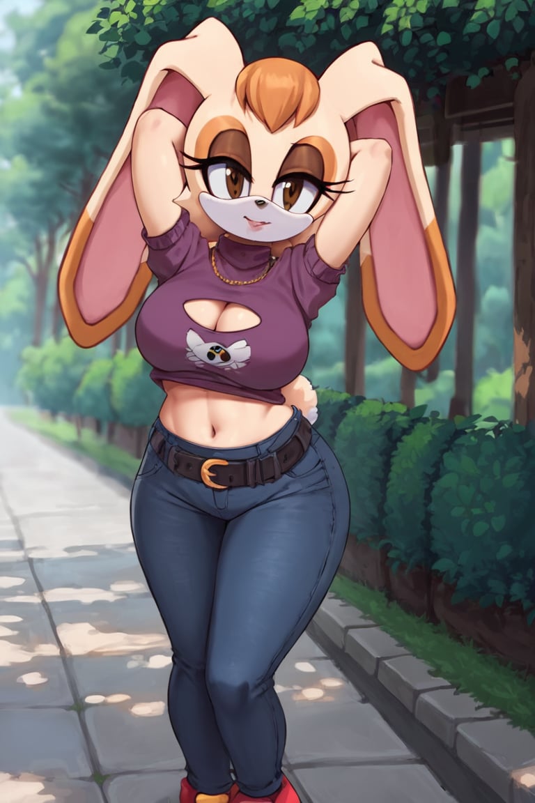 score_9, score_8_up, score_7_up, score_6_up, score_5_up, score_4_up, (Source sonic), (rating safe), vanilla the rabbit, 1girl, solo, outside, wearing black jeans, violet sweater, shirt cutout, large breasts, brown eyes, looking at viewer, standing, outside, trees, fall weather,  , wide hips, rabbit girl, short hair, body fur, dynamic pose, anime style,flashing belly,stomach_punch,cammystretch, stretching,leaning forward,arms up, RakkunVTSDXL,Big_Boobs,Huge_Boobs_Anime,skirt,belt