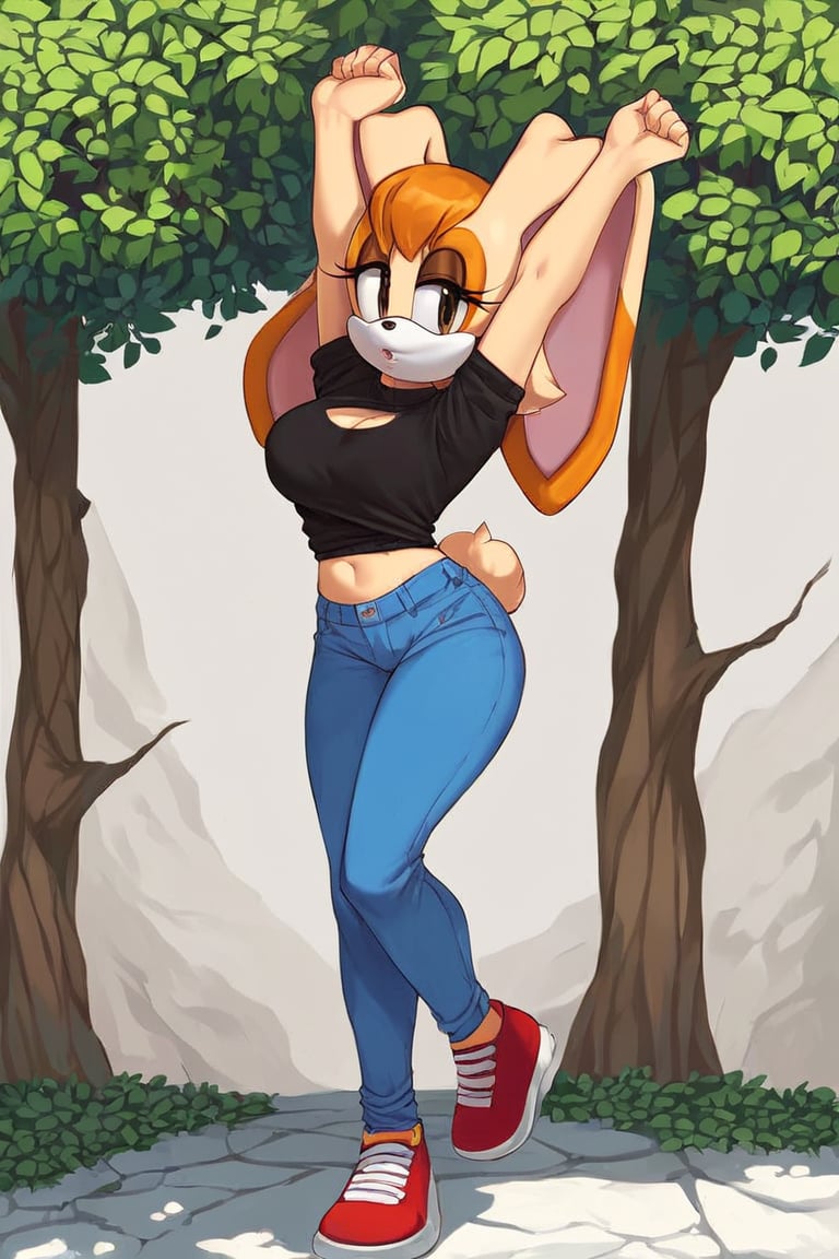 score_9, score_8_up, score_7_up, score_6_up, score_5_up, score_4_up, (Source sonic), (rating safe), vanilla the rabbit, 1girl, solo, outside, wearing blue jeans, black sweater, shirt cutout, large breasts, brown eyes, looking at viewer, standing, outside, trees, fall weather,  , wide hips, rabbit girl, short hair, body fur, dynamic pose, anime style,flashing belly,stomach_punch,cammystretch, stretching,leaning forward,arms up, RakkunVTSDXL,Big_Boobs