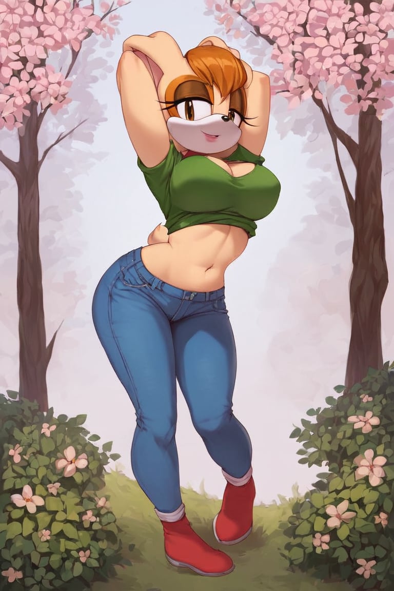 score_9, score_8_up, score_7_up, score_6_up, score_5_up, score_4_up, (Source sonic), (rating safe), vanilla the rabbit, 1girl, solo, outside, wearing blue jeans, green sweater, shirt cutout, large breasts, brown eyes, looking at viewer, standing, outside, trees, fall weather,  , wide hips, rabbit girl, short hair, body fur, dynamic pose, anime style,flashing belly,stomach_punch,cammystretch, stretching,leaning forward,arms up, RakkunVTSDXL,Big_Boobs