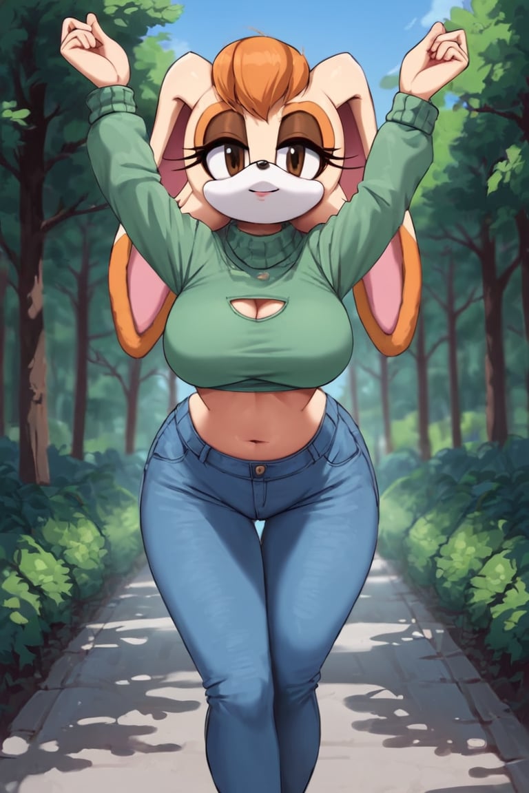 score_9, score_8_up, score_7_up, score_6_up, score_5_up, score_4_up, (Source sonic), (rating safe), vanilla the rabbit, 1girl, solo, outside, wearing blue jeans, green sweater, shirt cutout, large breasts, brown eyes, looking at viewer, standing, outside, trees, fall weather,  , wide hips, rabbit girl, short hair, body fur, dynamic pose, anime style,flashing belly,stomach_punch,cammystretch, stretching,leaning forward,arms up, RakkunVTSDXL,Big_Boobs