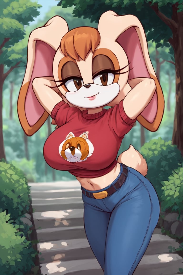 score_9, score_8_up, score_7_up, score_6_up, score_5_up, score_4_up, (Source sonic), (rating safe), vanilla the rabbit, 1girl, solo, outside, wearing blue jeans, red sweater, shirt cutout, large breasts, brown eyes, looking at viewer, standing, outside, trees, fall weather,  , wide hips, rabbit girl, short hair, body fur, dynamic pose, anime style,flashing belly,stomach_punch,cammystretch, stretching,leaning forward,arms up, RakkunVTSDXL,Big_Boobs,Huge_Boobs_Anime,skirt,belt